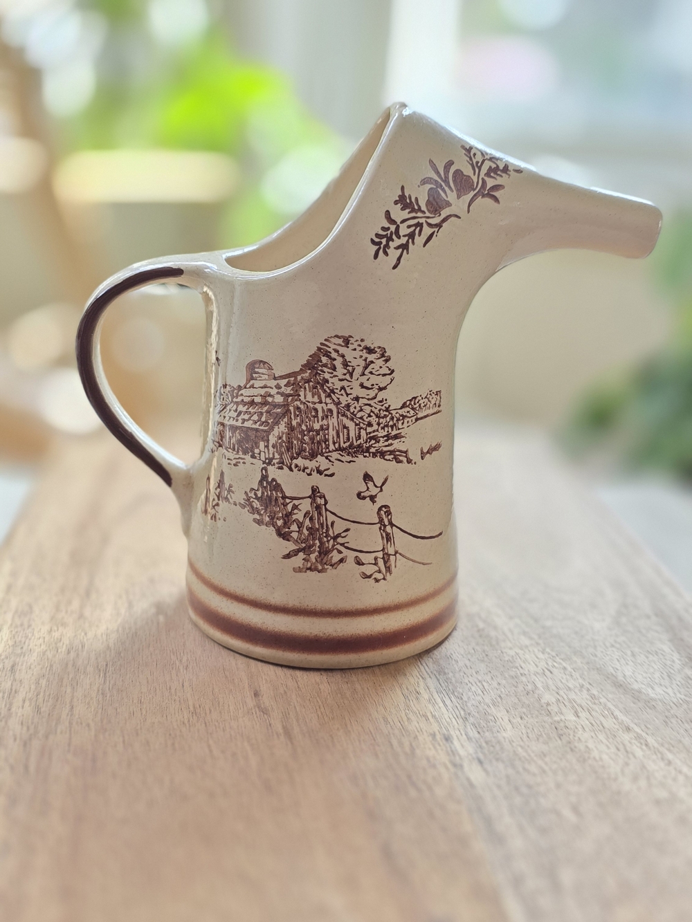 Vintage-Style Cream Ceramic Pitcher with Brown Hand Painted Design